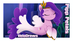 Size: 3840x2160 | Tagged: safe, artist:velodraws, idw, imported from derpibooru, pipp petals, pegasus, pony, seapony (g4), spoiler:g5, bioluminescent, bubble, crepuscular rays, crown, cute, cutie mark, eyes closed, female, fin wings, fins, fish tail, flowing mane, flowing tail, g5, high res, jewelry, mare, my little pony: set your sail, my little pony: tell your tale, ocean, passepartout, purple mane, purple tail, regalia, scales, seaponified, seapony pipp petals, seaquestria, seaweed, solo, species swap, swimming, tail, underwater, water, wings