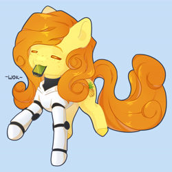 Size: 4600x4600 | Tagged: safe, artist:шок, imported from derpibooru, oc, oc only, oc:anna pine, earth pony, pony, :3, armor, clothes, curly mane, curly tail, freckles, hood, long hair, long tail, orange mane, orange tail, simple background, smiling, solo, tail, yellow coat