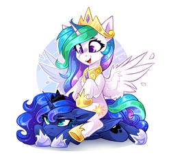 Size: 2556x2366 | Tagged: safe, artist:buvanybu, imported from derpibooru, princess celestia, princess luna, alicorn, pony, crown, cute, cutelestia, duo, duo female, female, folded wings, frown, hoof shoes, horn, jewelry, luna is not amused, lunabetes, lying down, mare, open mouth, open smile, peytral, princess shoes, prone, regalia, royal sisters, siblings, sisters, sitting, sitting on, sitting on person, sitting on pony, smiling, sploot, spread wings, unamused, wings