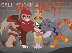 Size: 3133x2291 | Tagged: safe, artist:beardie, imported from derpibooru, oc, oc only, oc:gwynestri goretalons, oc:itai, oc:mia wayfinder, griffon, graffiti, helmet, hug