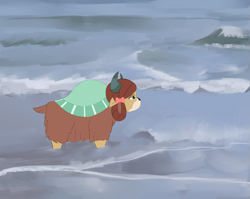 Size: 2481x1975 | Tagged: safe, artist:lillslim, imported from derpibooru, yona, yak, colored, detailed background, digital art, flat colors, looking right, melancholy, ocean, side view, solo, water