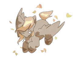 Size: 2334x1920 | Tagged: safe, artist:ju4111a, imported from derpibooru, oc, oc only, pegasus, flying, leaves, looking at something, one eye closed, pegasus oc, raised hoof, simple background, solo, spread wings, white background, wings, wink