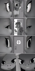 Size: 1989x4000 | Tagged: safe, artist:anonymousandrei, derpibooru exclusive, imported from derpibooru, cheese sandwich, limestone pie, marble pie, earth pony, pony, comic:life of li'l cheese, aunt and nephew, bedroom eyes, evil grin, father and child, father and son, female, grammar error, grin, implied li'l cheese, looking at someone, male, mare, offscreen character, older, older cheese sandwich, older limestone pie, older marble pie, perspective, pie family home, pov, smiling, stallion