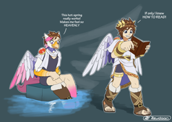 Size: 2609x1857 | Tagged: safe, artist:zeydaan, imported from derpibooru, oc, oc:foxxy hooves, anthro, hippogriff, human, angel, book, character to character, female, female to male, hippogriff oc, hot springs, human female, kid icarus, pit (kid icarus), rule 63, sitting, transformation, transformation sequence, transgender transformation