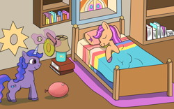 Size: 1920x1200 | Tagged: safe, artist:addelum, imported from derpibooru, izzy moonbow, sunny starscout, earth pony, unicorn, balloon, baseball, bed, blanket, book, bookshelf, concave belly, crystal brighthouse, duo, duo female, evil, female, g5, horn, indoors, levitation, magic, mare, pillow, sleeping, sports, sunny starscout's bedroom, telekinesis, waking up