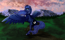 Size: 3508x2172 | Tagged: safe, artist:egyptian, edit, imported from derpibooru, princess luna, alicorn, pony, butt, crown, female, grass, jewelry, mare, mountain, outdoors, peytral, plot, regalia, scenery, sfw edit, solo, spread wings, sunset, trail, wings