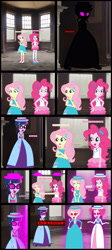 Size: 1928x4322 | Tagged: safe, artist:cartoonmasterv3, imported from derpibooru, fluttershy, pinkie pie, sci-twi, twilight sparkle, human, equestria girls, clothes, comic, dress, edwardian, fluttershy boho dress, gown, hypno eyes, hypnosis, hypnotized, long dress, long skirt, rah rah skirt, skirt