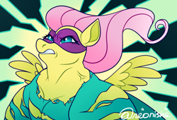 Size: 1110x756 | Tagged: safe, artist:neonishe, imported from derpibooru, fluttershy, saddle rager, pegasus, pony, power ponies (episode), angry, clothes, cross-popping veins, emanata, female, flutterhulk, mare, mask, muscles, muscleshy, power ponies, solo, torn clothes