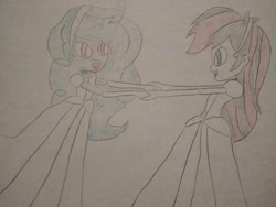 Size: 1040x780 | Tagged: safe, artist:arrowsweetie, imported from derpibooru, oc, oc only, oc:jemimasparkle, oc:red arrow, human, equestria girls, ballgown, choker, cinderella, clothes, cute, dancing, dancing together, dress, duo, evening gloves, female, gloves, gown, hairband, long gloves, looking at each other, looking at someone, ocbetes, open mouth, open smile, poofy shoulders, smiling, smiling at each other, traditional art, waltz