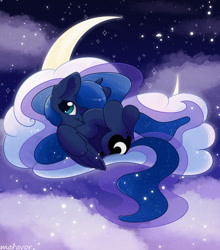 Size: 827x938 | Tagged: safe, artist:maravor, imported from derpibooru, princess luna, alicorn, pony, cloud, crescent moon, female, mare, moon, solo