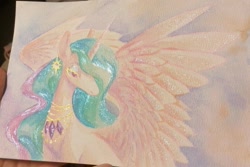 Size: 1205x804 | Tagged: safe, artist:owl_clare, imported from derpibooru, princess celestia, alicorn, pony, ear piercing, earring, female, jewelry, mare, necklace, piercing, solo, spread wings, traditional art, wings