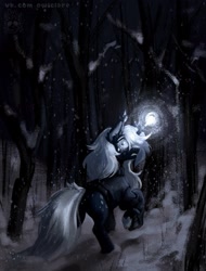 Size: 1560x2048 | Tagged: safe, artist:owl_clare, imported from derpibooru, oc, oc only, pony, unicorn, clothes, forest, hair over one eye, horn, looking back, magic, nature, outdoors, scared, snow, snowfall, solo, sweater, tree