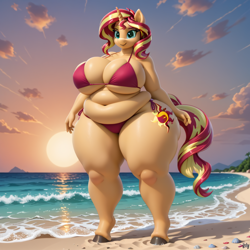 Size: 1024x1024 | Tagged: safe, derpibooru exclusive, imported from derpibooru, sunset shimmer, anthro, unguligrade anthro, unicorn, ai content, ai generated, bbw, beach, belly, belly button, bikini, breasts, busty sunset shimmer, clothes, fat, female, generator:stable diffusion, horn, obese, outdoors, prompter:professordoctorc, rolls of fat, slobset shimmer, solo, swimsuit, thighs, thunder thighs, wide hips