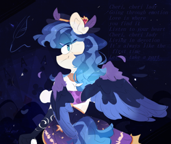 Size: 3550x3000 | Tagged: safe, artist:pakmur, imported from derpibooru, oc, oc only, oc:star shard, anthro, pegasus, abstract background, blue hair, clothes, colored wings, dress, ear fluff, female, gloves, jewelry, looking at you, smiling, smiling at you, solo, wings