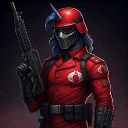 Size: 1024x1024 | Tagged: safe, imported from derpibooru, anthro, unicorn, ai content, ai generated, assault rifle, clothes, cobra the enemy, cosplay, costume, crimson guard, g.i. joe, generator:google imagen 3.0, gradient background, gun, horn, male, mask, military uniform, prompter:zerowinger, rifle, solo, uniform, weapon