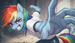 Size: 1344x768 | Tagged: safe, imported from derpibooru, rainbow dash, anthro, pony, ai content, ai generated, clothes, generator:pony diffusion v6 xl, generator:stable diffusion, looking at you, pepe punch, pixelsketcher style, prompter:ponyhedron, punch, short sleeves, solo