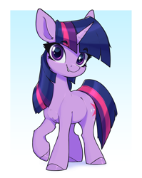 Size: 1653x2072 | Tagged: safe, artist:aquaticvibes, imported from derpibooru, twilight sparkle, pony, unicorn, female, gradient background, grin, horn, looking at you, mare, raised hoof, sharp horn, smiling, smiling at you, solo, unicorn twilight