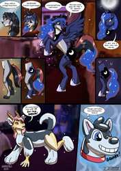 Size: 2381x3368 | Tagged: safe, artist:hornbuckle, artist:zeydaan, imported from derpibooru, princess luna, oc, oc:isabella, oc:zeydaan, alicorn, dog, dragon, husky, pony, wolf, bipedal, collar, comic, crown, ethereal mane, ethereal tail, eyeshadow, female, furry, furry oc, furry to pony, inanimate tf, inflatable, inflatable toy, jewelry, makeup, mare, moon, nonbinary, open mouth, open smile, pool toy, quadrupedal, regalia, smiling, sparkles, speech bubble, speech change, spread wings, stars, tail, thought bubble, transformation, transformation sequence, transgender transformation, wing growth, wings