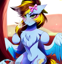 Size: 3525x3633 | Tagged: safe, artist:krissstudios, imported from derpibooru, oc, oc only, oc:lucky bolt, pegasus, pony, backwards ballcap, badass, baseball cap, belly, blushing, bow, cap, chest fluff, cigarette, colored wings, commission, concave belly, cutie mark, ear fluff, eyeshadow, female, fluffy, hair bow, hair over one eye, hat, leaning on fence, makeup, simple background, smoking, solo, spread wings, two toned mane, two toned wings, wings, ych result