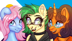 Size: 1920x1080 | Tagged: safe, artist:mxiiisy, imported from derpibooru, oc, oc:joystick (joystick), oc:love letter, oc:orange cream, earth pony, hippogriff, unicorn, female, glasses, goth, horn, male, polyamory, pride, pride flag, trans female, transgender, transgender oc, transgender pride flag, wallpaper