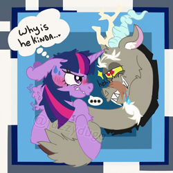 Size: 4320x4320 | Tagged: safe, alternate version, artist:fuzzyduga, imported from derpibooru, discord, twilight sparkle, alicorn, draconequus, ..., abstract background, alternate design, antlers, blushing, discolight, drool, duo, duo male and female, ear fluff, female, heh, horn, interested, male, mare, shipping, straight, stupid sexy discord, sweat, sweatdrop, thought bubble, twilight sparkle (alicorn)