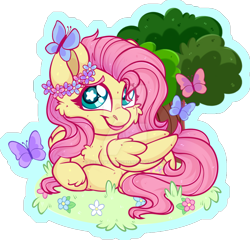 Size: 1600x1538 | Tagged: safe, artist:thehaywaiianhorse, imported from derpibooru, fluttershy, butterfly, pony, chibi, lying down, prone, solo