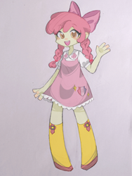 Size: 1698x2264 | Tagged: safe, artist:royal flush, imported from derpibooru, apple bloom, human, equestria girls, blushing, boots, clothes, dress, open mouth, pink background, shoes, simple background, smiling, solo, waving