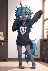 Size: 832x1216 | Tagged: safe, imported from derpibooru, queen chrysalis, anthro, adorasexy, ai content, ai generated, barefoot, bedroom, clothes, cute, feet, hoodie, legs, lidded eyes, messy hair, messy mane, oversized clothes, prompter:vtaviscratch, sexy, sleepy, standing, stretching, yawn