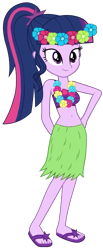 Size: 453x1098 | Tagged: safe, artist:fireluigi29, imported from derpibooru, sci-twi, twilight sparkle, human, equestria girls, clothes, feet, female, grass skirt, hula, missing accessory, no glasses, sandals, skirt