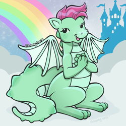 Size: 2400x2400 | Tagged: safe, artist:sparkytopia, imported from derpibooru, dragon, castle, cloud, commission, commissioner:dragonpone, g2, hands together, open mouth, open smile, rainbow, signature, sitting, smiling, solo, spread wings, wings, zip-zip