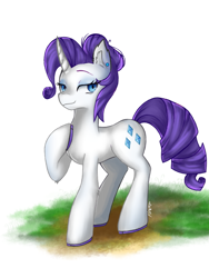 Size: 768x1024 | Tagged: safe, artist:flower9898, imported from derpibooru, rarity, pony, unicorn, alternate hairstyle, colored hooves, digital art, dirt road, ear fluff, ear piercing, earring, female, hair bun, hoof on chest, hooves, horn, jewelry, leg fluff, lidded eyes, mare, piercing, signature, simple background, smiling, smug, solo, standing on three hooves, white background