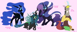 Size: 3192x1344 | Tagged: safe, artist:necrofeline, imported from derpibooru, discord, nightmare moon, nightmare rarity, queen chrysalis, alicorn, changeling, changeling queen, draconequus, pony, unicorn, series:"tons" of appreciation growth drive, boots, chestplate, clothes, concave belly, ethereal hair, ethereal mane, ethereal tail, eyeshadow, female, group, helmet, horn, imminent growth, incentive drive, jewelry, lidded eyes, looking at you, lying down, makeup, male and female, necklace, pink background, prone, quartet, quartet male and female, raised hoof, shoes, signature, simple background, sitting, slender, tail, thin, this will end in weight gain, tiara, weight gain, weight gain sequence, wings