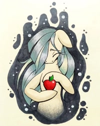 Size: 1048x1310 | Tagged: safe, artist:mintytreble, imported from derpibooru, marble pie, earth pony, pony, apple, food, simple background, solo, traditional art, white background