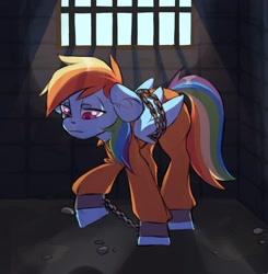 Size: 1856x1892 | Tagged: safe, artist:twi_sfw, imported from derpibooru, applejack, fluttershy, pinkie pie, rainbow dash, rarity, twilight sparkle, pegasus, pony, annoyed, clothes, commission, commission open, jumpsuit, mane six, prison, prison outfit, prisoner, sad, shackles, solo