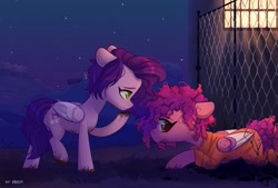 Size: 2048x1384 | Tagged: safe, artist:shelti, pipp petals, oc, oc only, pony, clothes, duo, duo female, female, fence, lying down, mare, prison outfit