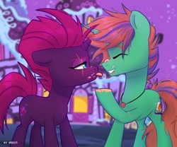 Size: 2048x1707 | Tagged: safe, artist:shelti, tempest shadow, oc, oc only, pony, eyes closed, female, looking at each other, male, mare, stallion