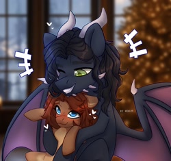 Size: 2048x1922 | Tagged: safe, artist:shelti, oc, oc only, dragon, pony, female, looking at each other, male, mare, open mouth