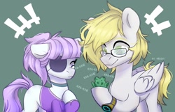 Size: 2048x1317 | Tagged: safe, artist:shelti, oc, oc only, frog, pony, duo male and female, eyepatch, female, glasses, male, mare, onomatopoeia, stallion