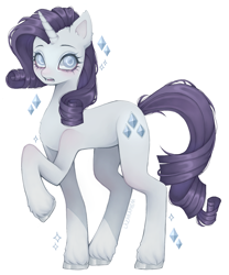 Size: 1090x1307 | Tagged: safe, artist:lazaraphim, imported from derpibooru, rarity, pony, unicorn, blushing, female, horn, mare, open mouth, raised hoof, simple background, solo, unshorn fetlocks, white background