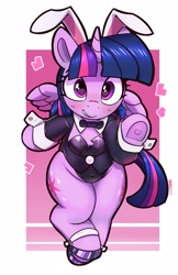 Size: 1359x2100 | Tagged: safe, artist:pabbley, imported from derpibooru, twilight sparkle, alicorn, pony, blushing, bowtie, bunny ears, bunny suit, chest fluff, clothes, female, heart, looking at you, mare, necktie, passepartout, smiling, smiling at you, solo, twilight sparkle (alicorn), wide hips