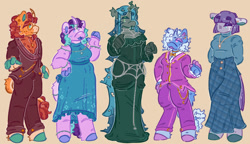 Size: 1500x863 | Tagged: safe, artist:lichenbug, artist:tottallytoby, imported from derpibooru, part of a set, maud pie, queen chrysalis, starlight glimmer, sunburst, trixie, anthro, changeling, changeling queen, earth pony, unguligrade anthro, unicorn, :3, a better ending for chrysalis, alternate design, alternate eye color, alternate hairstyle, alternate tailstyle, alternate universe, anklet, arm fluff, beanbrows, blaze (coat marking), blue coat, blue mane, blue tail, bobcut, body chain, bracelet, changeling horn, chest fluff, chubby, clothes, coat markings, colored ears, colored eartips, colored eyebrows, colored eyelashes, colored hooves, colored horn, colored mouth, colored muzzle, colored pinnae, colored tongue, curly mane, curly tail, curved horn, dot eyes, dress, dress pants, ear piercing, earring, eye clipping through hair, eyebrows, eyebrows visible through hair, eyeshadow, facial markings, fangs, female, fetlock tuft, floppy ears, friends, gala dress, gala outfit, glasses, gloves, gray body, gray coat, green dress, green eyelashes, green eyes, green eyeshadow, group, hand on hip, hands behind back, height difference, hock fluff, hoof fingers, hooves, horn, horn jewelry, horn ring, jewelry, leg markings, leonine tail, lidded eyes, long dress, long mane, long skirt, long tail, looking back, looking to the left, looking to the right, makeup, male, mare, necklace, no mouth, open mouth, open smile, orange background, orange coat, pale muzzle, pants, pencil skirt, physique difference, piercing, pink coat, pink eyes, pink hooves, plaid skirt, profile, purple blush, purple eyes, purple eyeshadow, purple hooves, purple mane, purple mouth, purple tail, purple tongue, quintet, raised arm, ring, round glasses, shirt, short hair, short mane, simple background, skirt, sleeveless, sleeveless dress, small horn, smiling, snip (coat marking), socks (coat markings), spots, stallion, standing, straight mane, straight tail, suit, sweater, tail, tail fluff, tail markings, teal eyes, teal hooves, teal mane, teal tail, thick eyebrows, three quarter view, torn ear, turtleneck, two toned horn, two toned mane, two toned tail, unicorn horn, wall of tags