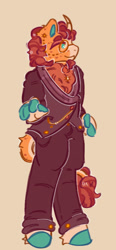 Size: 400x863 | Tagged: safe, artist:lichenbug, artist:tottallytoby, imported from derpibooru, part of a set, sunburst, anthro, unguligrade anthro, unicorn, alternate design, alternate tailstyle, alternate universe, blaze (coat marking), chest fluff, clothes, coat markings, colored eyebrows, colored hooves, colored horn, colored muzzle, colored pinnae, curly mane, curly tail, curved horn, dot eyes, dress pants, facial markings, fetlock tuft, gala outfit, glasses, hoof fingers, hooves, horn, leg markings, leonine tail, looking to the right, male, orange background, orange coat, pale muzzle, pants, profile, raised arm, round glasses, shirt, simple background, smiling, snip (coat marking), socks (coat markings), spots, stallion, standing, suit, tail, tail markings, teal eyes, teal hooves, two toned mane, two toned tail, unicorn horn, wall of tags