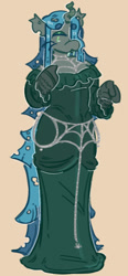 Size: 400x863 | Tagged: safe, artist:lichenbug, artist:tottallytoby, imported from derpibooru, part of a set, queen chrysalis, anthro, changeling, changeling queen, a better ending for chrysalis, alternate design, alternate universe, beanbrows, body chain, changeling horn, clothes, colored eyebrows, colored eyelashes, dot eyes, dress, eyebrows, eyeshadow, fangs, female, gala dress, gala outfit, gloves, gray body, green dress, green eyelashes, green eyes, green eyeshadow, horn, jewelry, long dress, long mane, long tail, looking back, looking to the left, makeup, orange background, raised arm, simple background, standing, straight mane, straight tail, tail, teal mane, teal tail, three quarter view, torn ear, two toned mane, two toned tail, wall of tags