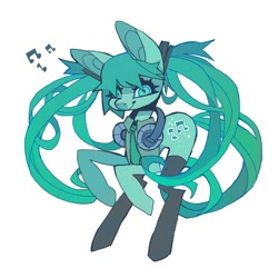 Size: 1058x1058 | Tagged: safe, artist:cutesykill, imported from derpibooru, earth pony, pony, bangs, big ears, black socks, blue coat, blue eyes, blue mane, blue sclera, blue tail, clothes, coat markings, colored pinnae, colored sclera, eyelashes, facial markings, female, hair accessory, hatsune miku, headphones, headphones around neck, long legs, long mane, long socks, long tail, mane accessory, mare, necktie, no catchlights, pigtails, ponified, rearing, simple background, slender, slit pupils, smiling, snip (coat marking), socks, solo, tail, thick eyelashes, thin, thin legs, twintails, vest, vocaloid, white background