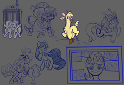 Size: 5700x3900 | Tagged: safe, artist:yellowthunder47, imported from derpibooru, autumn blaze, cheese sandwich, pinkie pie, oc, alpaca, earth pony, kirin, unicorn, them's fightin' herds, celestial advice, pinkie pride, road to friendship, sounds of silence, the mean 6, absurd resolution, big smile, cheek to cheek, community related, crying, eye clipping through hair, gray background, horn, hug, messy mane, mirror, one eye closed, open mouth, open smile, paprika (tfh), scene interpretation, simple background, sketch, sketch dump, smiling, standing on two hooves, tears of joy, teary eyes, tongue out, trixie's wagon, wagon, wavy mouth, we're friendship bound