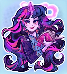 Size: 1831x2048 | Tagged: safe, artist:libbly_libby, imported from derpibooru, twilight sparkle, human, equestria girls, book, female, glowing, glowing horn, horn, magic, magic book, open mouth, open smile, outline, smiling, solo, white outline