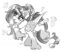 Size: 1532x1313 | Tagged: safe, artist:opalacorn, imported from derpibooru, oc, oc only, oc:mabel, pegasus, pony, autumn, black and white, falling leaves, female, grayscale, leaves, mare, monochrome, simple background, solo, standing on two hooves, unshorn fetlocks, white background