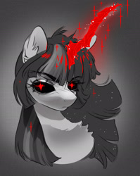 Size: 1755x2208 | Tagged: safe, artist:opalacorn, imported from derpibooru, twilight sparkle, unicorn, black sclera, bust, chest fluff, curved horn, ear fluff, female, glowing, glowing eyes, glowing horn, grayscale, horn, mare, monochrome, neo noir, partial color, red eyes, solo