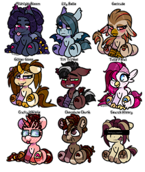 Size: 4020x4755 | Tagged: safe, artist:sexygoatgod, imported from derpibooru, oc, oc only, oc:chocolate chunk, oc:crafty whistle, oc:gertrude, oc:glitter gloss, oc:lily belle, oc:midnight bloom, oc:search history, oc:tin trinket, oc:tulip petal, bat pony, bicorn, earth pony, griffon, hippogriff, hybrid, pegasus, pony, unicorn, adoptable, amputee, censor bar, censored, censored eyes, chibi, female, horn, male, multiple horns, pegabat, prosthetic leg, prosthetic limb, prosthetics, simple background, transparent background