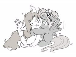 Size: 4096x3111 | Tagged: safe, artist:opalacorn, imported from derpibooru, oc, oc only, oc:void, pegasus, pony, crying, duo, duo female, female, flapping, floating heart, grayscale, heart, hug, mare, monochrome, simple background, spread wings, white background, wings